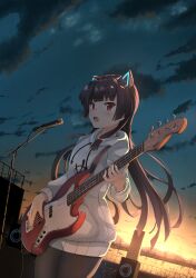 Rule 34 | 1girl, animal ear hairband, animal ears, bass guitar, black hair, black pantyhose, blush, cat ear hairband, cat ears, commentary request, dutch angle, evening, fake animal ears, hairband, highres, hime cut, holding, holding instrument, hood, hoodie, instrument, juujou hiyori, long hair, long sleeves, looking at viewer, microphone stand, open mouth, pantyhose, red eyes, scenery, sidelocks, solo, speaker, standing, sunset, toji no miko, upper body, white hoodie, yuzf