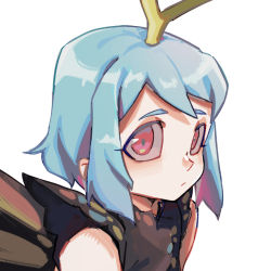 Rule 34 | 1girl, antennae, aqua hair, butterfly wings, closed mouth, dress, eternity larva, fairy, gretia, hair between eyes, insect wings, looking at viewer, multicolored clothes, multicolored dress, orange eyes, portrait, short hair, short sleeves, simple background, solo, touhou, white background, wings
