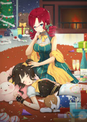 Rule 34 | 2girls, bad id, bad pixiv id, black hair, blue eyes, bottle, breasts, christmas tree, cleavage, cup, dog, drill hair, drinking glass, closed eyes, fireplace, glasses, hair ribbon, highres, lap pillow, medium breasts, multiple girls, red hair, ribbon, short hair, sita vilosa, sleeping, small breasts, stuffed animal, stuffed toy, sword girls, teddy bear, tp (kido 94), vernika answer, wine glass