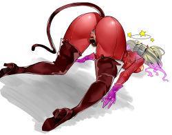 Rule 34 | 1girl, ass, azukiko, bar censor, blonde hair, bodysuit, boots, cat tail, catsuit, censored, dazed, fake tail, female pubic hair, from behind, gameplay mechanics, gloves, long hair, mask, persona, persona 5, pink gloves, pubic hair, red bodysuit, shiny clothes, solo, star (symbol), tail, takamaki anne, thigh boots, thighhighs, tiles, top-down bottom-up, twintails, unconscious, zipper