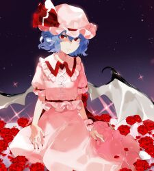 Rule 34 | 1girl, aisutabetao, blue hair, collared shirt, commentary, commission, cowboy shot, demon wings, fingernails, flower, frilled shirt collar, frills, frown, hair between eyes, hat, hat ribbon, highres, looking at viewer, mob cap, nail polish, parted lips, pink hat, pink shirt, pink skirt, puffy short sleeves, puffy sleeves, red eyes, red flower, red nails, red ribbon, red rose, remilia scarlet, ribbon, rose, shirt, short hair, short sleeves, skeb commission, skirt, skirt set, sparkle, touhou, wings