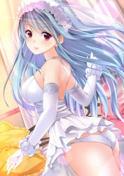 Rule 34 | 1girl, amasora taichi, arched back, ass, bare back, bare shoulders, bed, blue hair, blurry, blush, bokeh, breasts, bridal veil, butt crack, closed mouth, cowboy shot, curtains, depth of field, dress, dutch angle, elbow gloves, gloves, hair ornament, heart, heart-shaped pillow, highres, indoors, large breasts, lens flare, long hair, looking at viewer, looking back, original, panties, pillow, red eyes, scrunchie, short dress, sideboob, sleeveless, sleeveless dress, smile, solo, underwear, veil, very long hair, white dress, white gloves, white legwear