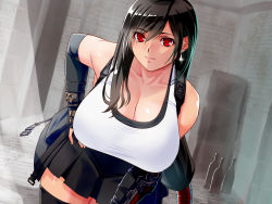 Rule 34 | 1girl, arm guards, bent over, black hair, black skirt, black thighhighs, breasts, cleavage, crop top, earrings, elbow gloves, final fantasy, final fantasy vii, final fantasy vii remake, fingerless gloves, gloves, hand on own hip, jewelry, large breasts, leaning forward, long hair, looking at viewer, low-tied long hair, pleated skirt, red eyes, skirt, smile, solo, square enix, switch01, tank top, thighhighs, tifa lockhart, undershirt