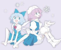 Rule 34 | 2girls, :d, bad id, bad pixiv id, barefoot, boots, cirno, letty whiterock, maronii, multiple girls, open mouth, simple background, sitting, smile, snowflakes, touhou