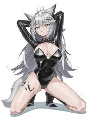 Rule 34 | 1girl, alternate costume, animal ear fluff, animal ears, arknights, arms behind head, arms up, bare hips, black footwear, black leotard, boots, breasts, breasts apart, buttons, collarbone, commentary, covered navel, drop shadow, eyelashes, full body, grey eyes, grey hair, grey tail, grin, groin, hair between eyes, hair ornament, hairclip, hatching (texture), highleg, highleg leotard, invisible floor, kneeling, knees, lappland (arknights), leotard, linear hatching, lips, long hair, long sleeves, looking at viewer, medium breasts, messy hair, oripathy lesion (arknights), paid reward available, pale skin, parted lips, scar, scar across eye, scar on face, shadow, shiny clothes, shrug (clothing), siguya, simple background, skin tight, smile, solo, spread legs, tail, teeth, thighs, tiptoes, very long hair, white background, wing collar, wolf ears, wolf girl, wolf tail