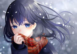 Rule 34 | 1girl, blue eyes, blue hair, blush, covering own mouth, highres, holding, holding clothes, holding scarf, long hair, long sleeves, looking at viewer, original, outdoors, plaid, plaid scarf, scarf, sleeves past wrists, snowing, solo, upper body, watanacat, wind