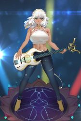 Rule 34 | 1girl, animal ears, ash (fire emblem), bare arms, bare shoulders, breasts, commentary, cow ears, dark-skinned female, dark skin, denim, earrings, english commentary, female focus, fire emblem, fire emblem heroes, full body, guitar, highres, holding, holding instrument, instrument, jeans, jewelry, large breasts, legs apart, long hair, looking at viewer, midriff, navel, nintendo, pants, sendo (sendrawz), single earring, solo, standing, torn clothes, torn pants, white hair, yellow eyes