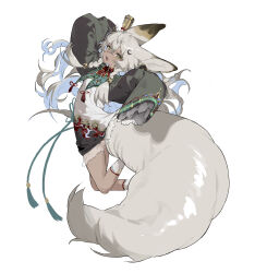 Rule 34 | 1girl, absurdres, animal ears, aqua pupils, braid, chinese commentary, dark-skinned female, dark skin, fang, grey hair, grey tail, hair between eyes, highres, large ears, large tail, looking at viewer, open mouth, original, shisantian, simple background, solo, tail, tassel, twin braids, white background, wide sleeves, yellow eyes