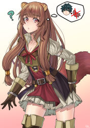 Rule 34 | 1girl, ?, absurdres, animal ears, armor, belt, blunt bangs, blush, boots, breastplate, breasts, brown gloves, brown hair, cleavage, collarbone, cuffs, dated, dress, gloves, gradient background, hair tubes, hand on own hip, highres, iwatani naofumi, long hair, long sleeves, looking back, medium breasts, nanni jjang, parted lips, puffy long sleeves, puffy sleeves, raccoon ears, raccoon girl, raccoon tail, raphtalia, red eyes, red ribbon, ribbed dress, ribbon, short dress, signature, solo, sweater, sweater dress, tail, tate no yuusha no nariagari, thigh boots, thighhighs, thought bubble, very long hair, white dress