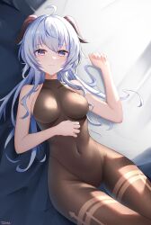 Rule 34 | 1girl, absurdres, ahoge, bed sheet, black gloves, blue hair, blush, bodystocking, breasts, commentary, detached sleeves, doraski, ganyu (genshin impact), genshin impact, gloves, hand up, highres, horns, large breasts, long hair, long sleeves, looking at viewer, lying, on back, purple eyes, smile, solo, thighs, very long hair