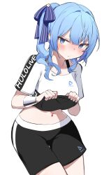 Rule 34 | 1girl, black shorts, blue eyes, blue hair, blush, breasts, character name, closed mouth, clothes lift, commentary, copyright name, cowboy shot, hair ribbon, highres, hololive, hololive dance practice uniform, hoshimachi suisei, lifted by self, long hair, navel, official alternate costume, orobou, ribbon, shirt, shirt lift, short sleeves, shorts, side ponytail, simple background, small breasts, solo, standing, virtual youtuber, white background, white shirt
