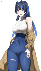 Rule 34 | 1girl, absurdres, bag, black hair, blue eyes, blue hair, blue pants, breasts, brown bag, brown coat, coat, colored inner hair, fang, hand on own hip, handbag, high-waist pants, highres, hololive, hololive english, large breasts, long hair, looking at viewer, multicolored hair, o22no, off shoulder, open mouth, ouro kronii, pants, ponytail, shirt, shirt tucked in, smile, solo, streaked hair, virtual youtuber, white shirt