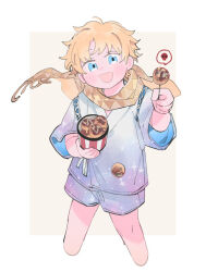 Rule 34 | 1boy, blue eyes, blush, border, child, fate/grand order, fate (series), food, holding, holding food, looking at viewer, male focus, oneroom-disco, open mouth, scarf, shirt, short hair, shorts, solo, speech bubble, spoken skull, takoyaki, voyager (fate), white border, white shirt, white shorts, wide sleeves, yellow scarf