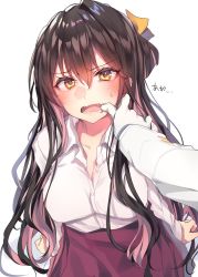 Rule 34 | 10s, 1boy, 1girl, admiral (kancolle), black hair, blush, breasts, cleavage, embarrassed, finger in another&#039;s mouth, gloves, hair between eyes, highres, jacket, kantai collection, long hair, long sleeves, looking at viewer, medium breasts, multicolored hair, naganami (kancolle), open clothes, open mouth, open shirt, pink hair, purple vest, shirt, simple background, soukou makura, two-tone hair, vest, white background, white gloves, white jacket, white shirt, yellow eyes
