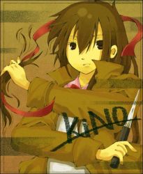 Rule 34 | 00s, 1girl, androgynous, black border, border, brown coat, brown eyes, brown hair, closed mouth, coat, cutting hair, dagger, expressionless, hair ribbon, holding, holding weapon, kino (kino no tabi), kino no tabi, knife, long hair, long sleeves, looking at viewer, open clothes, open coat, red ribbon, reverse trap, ribbon, solo, upper body, weapon