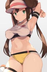 Rule 34 | 1girl, alternate costume, armpits, arms behind head, blush, breasts, brown hair, commentary request, creatures (company), double bun, game freak, gradient background, green eyes, grey background, hair bun, highres, large breasts, long hair, looking at viewer, midriff, navel, nintendo, panties, poke ball, poke ball (basic), pokemon, pokemon bw2, rosa (pokemon), solo, sports bra, spring2013, thigh strap, twintails, underwear, visor cap, yellow panties