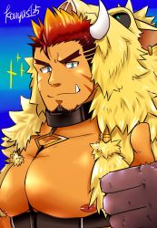 Rule 34 | 1boy, animal hood, bara, bare pectorals, boar hood, body fur, chest harness, facial hair, fang, forked eyebrows, goatee, gullinbursti (housamo), harness, highres, hood, kouyas 125, large pectorals, looking at viewer, male focus, mature male, muscular, muscular male, nipples, pectorals, portrait, short hair, sideburns, smile, solo, sparkle, spiked hair, thumbs up, tokyo houkago summoners, upper body