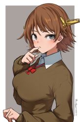 Rule 34 | 1girl, ?, absurdres, bob cut, border, bow, bowtie, breasts, brown hair, brown sweater, collared shirt, commentary, curled fingers, dress shirt, finger to mouth, flipped hair, green eyes, grey background, headgear, hiei (kancolle), highres, kantai collection, large breasts, long sleeves, looking at viewer, outside border, parted lips, red bow, red bowtie, school uniform, shirt, short hair, simple background, solo, sweatdrop, sweater, umibudou, upper body, v-neck, white border, white shirt