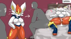 Rule 34 | 1boy, 1girl, after vaginal, aftersex, ass, bed, breasts, cinderace, creatures (company), cum, cum in pussy, ejaculation, enigi09, furry, game freak, gen 8 pokemon, grabbing, grabbing another&#039;s breast, grabbing from behind, head back, heart, highres, huge breasts, interspecies, looking at viewer, lying, nintendo, no humans, on bed, pokemon, pokemon swsh, rabbit ears, rabbit tail, sitting, speech bubble, tail, vaginal