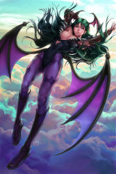 Rule 34 | 10s, 1girl, animal print, arm behind head, armpits, bare shoulders, bat print, bat wings, black footwear, boots, breasts, bridal gauntlets, brown sleeves, capcom, cleavage, clothing cutout, cloud, cloud background, covered navel, demon girl, elbow gloves, female focus, floating hair, flying, frilled leotard, frills, gloves, green eyes, green hair, hand on own head, head wings, heart cutout, high boots, knees, large breasts, large wings, leotard, long eyebrows, long hair, long sleeves, looking at viewer, morrigan aensland, muscular legs, navel, open mouth, pantyhose, parted hair, patterned legwear, pinup (style), print pantyhose, purple clouds, purple pantyhose, purple wings, signature, sky, solo, stanley lau, straight hair, strapless, strapless leotard, thick thighs, thighs, toned female, toned stomach, vampire (game), very long hair, wings