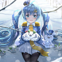 Rule 34 | 1girl, :d, ahoge, animal, aqua eyes, black headwear, black pantyhose, blue bow, blue hair, blue jacket, blurry, blurry background, blurry foreground, blush, bow, branch, commentary request, depth of field, epaulettes, gloves, grey skirt, hair between eyes, hair ornament, hat, hatsune miku, holding, jacket, long hair, long sleeves, open mouth, pantyhose, peaked cap, pleated skirt, rabbit, rabbit yukine, red bow, sidelocks, sitting, skirt, smile, snow, snow rabbit, snowman, teeth, tilted headwear, twintails, upper teeth only, very long hair, vocaloid, white gloves, x hair ornament, yuki miku, yuki miku (2020), yuuka nonoko