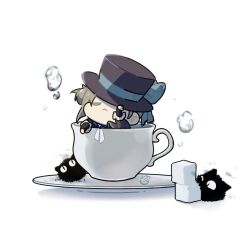 Rule 34 | 1girl, adjusting clothes, adjusting headwear, black coat, black hat, blue ribbon, carbuncle (reverse:1999), chibi, closed mouth, coat, commentary, cup, grey hair, hair bun, hat, long sleeves, mini person, minigirl, papu ri ca, reverse:1999, ribbon, saucer, simple background, single side bun, solo, sugar cube, teacup, top hat, vertin (reverse:1999), white background