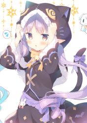 Rule 34 | 1girl, :o, animal ears, animal hood, arms up, bell, black capelet, black jacket, black skirt, blush, bow, brown eyes, capelet, cat ears, cat girl, cat hood, cat tail, commentary request, fake animal ears, flying sweatdrops, fur-trimmed capelet, fur-trimmed hood, fur-trimmed sleeves, fur trim, hood, hood up, hooded capelet, jacket, jingle bell, kyouka (princess connect!), long hair, long sleeves, looking at viewer, low twintails, orange bow, parted lips, pointy ears, princess connect!, princess connect!, purple bow, purple hair, skirt, solo, spoken flying sweatdrops, tail, tail bow, tail ornament, twintails, very long hair, white background, wide sleeves, yuizaki kazuya