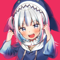 Rule 34 | 1girl, :d, animal hood, blue hair, blue hoodie, blush, commentary, drawstring, gawr gura, gawr gura (1st costume), grey eyes, grey hair, hands up, hololive, hololive english, hood, hood up, hoodie, long sleeves, looking at viewer, midorikawa you, multicolored hair, open mouth, red background, shark hood, sharp teeth, simple background, smile, solo, streaked hair, teeth, v-shaped eyebrows, virtual youtuber, wide sleeves