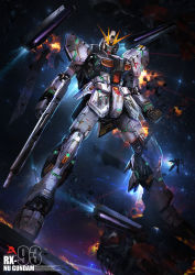 Rule 34 | asteroid, battle, beam, beam rifle, cannon, char&#039;s counterattack, character name, debris, energy gun, explosion, funnels (gundam), glowing, glowing eyes, gradient background, gun, gundam, mecha, no humans, nu gundam, planet, realistic, robot, science fiction, space, star (sky), thedurianart, weapon