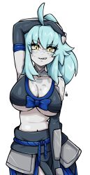 Rule 34 | 1girl, ahoge, arm up, blue hair, blush, breasts, cleavage, colored skin, commission, grey skin, highres, large breasts, looking at viewer, navel, oninuer, original, parted lips, sharp teeth, smile, solo, teeth, underboob, yellow eyes