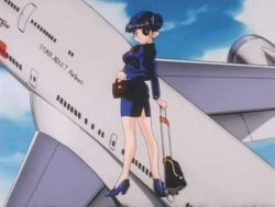 Rule 34 | 1990s (style), 1girl, aircraft, airplane, animated, animated gif, bag, bakuretsu hunters, cloud, covering privates, covering one eye, daughter (bakuretsu hunters), earrings, eyepatch, female focus, flight attendant, handbag, heels, high heels, holding, jet, jewelry, legs, looking at viewer, looking back, luggage, pointy ears, purple hair, retro artstyle, short hair, simple background, sky, solo, standing, subtitled, talking, travel attendant, uniform, white background, yellow eyes