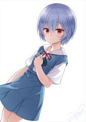 Rule 34 | 1girl, ayanami rei, blue eyes, commentary request, female focus, hair between eyes, highres, looking at viewer, neon genesis evangelion, red eyes, school uniform, short hair, signature, simple background, smile, solo, tokyo-3 middle school uniform, white background, yukino minato