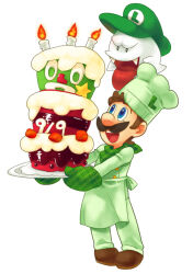 Rule 34 | 1boy, :d, bandana, blue eyes, boo (mario), brown footwear, brown hair, bundt (super mario rpg), buttons, cake, candle, chef hat, commentary request, dated, facial hair, fangs, fire, fire, food, full body, ghost, green bandana, green headwear, green jacket, green pants, hat, holding, holding tray, jacket, kinashi, long sleeves, luigi, male focus, mario (series), mustache, nintendo, open mouth, oven mitts, pants, paper mario, plaid, shoes, short hair, simple background, smile, standing, star (symbol), super mario rpg, teeth, tongue, tongue out, tray, upper teeth only, white background