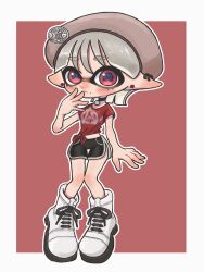 Rule 34 | 1girl, black collar, black shorts, blush, border, brown headwear, closed mouth, collar, commentary, cross-laced footwear, full body, grey hair, grey trim, highres, inkling, inkling girl, inkling player character, knees together feet apart, medium hair, mina p, mole, mole under mouth, nintendo, outside border, pointy ears, print shirt, red background, red eyes, red shirt, shirt, shoes, short shorts, shorts, simple background, solo, splatoon (series), splatoon 3, standing, tentacle hair, white border, white footwear