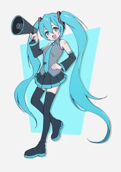 Rule 34 | 1girl, absurdres, aqua eyes, aqua hair, aqua necktie, aqua skirt, aqua theme, bare shoulders, black footwear, black skirt, boots, collared shirt, commentary request, grey shirt, hair between eyes, hair ornament, hand on own hip, hatsune miku, head tilt, highres, holding, holding megaphone, long hair, looking at viewer, looking to the side, megaphone, mtoan, necktie, open mouth, shirt, skirt, sleeveless, sleeveless shirt, smile, solo, standing, standing on one leg, thigh boots, twintails, two-tone background, very long hair, vocaloid, wide sleeves