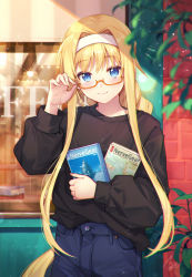 Rule 34 | 1girl, adjusting eyewear, alice zuberg, alternate costume, bespectacled, black sweater, blonde hair, blue eyes, blurry, blurry foreground, blush, book, braid, cafe, casual, closed mouth, commentary request, cowboy shot, denim, depth of field, glasses, hairband, hand up, highres, holding, holding book, jeans, long hair, long sleeves, looking at viewer, orange-framed eyewear, pants, plant, resolution mismatch, restaurant, semi-rimless eyewear, shirt, smile, solo, source larger, sweater, sweater tucked in, sword art online, sword art online: alicization, taro (ultrataro), very long hair, white hairband