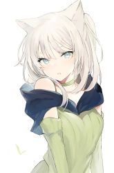 Rule 34 | 1girl, animal ear fluff, animal ears, bare shoulders, blue eyes, choker, collarbone, detached sleeves, dress, green choker, green dress, green sleeves, hair between eyes, looking at viewer, lpip, original, parted lips, simple background, solo, upper body, white background, white hair