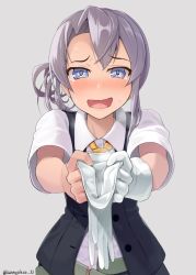 Rule 34 | 10s, 1girl, asymmetrical hair, black vest, blue eyes, blush, buttons, crying, eyebrows, giving, glove spread, gloves, unworn gloves, grey eyes, hinami (hinatamizu), holding, holding clothes, holding gloves, kantai collection, long hair, necktie, nowaki (kancolle), open mouth, outstretched arms, school uniform, serafuku, sexually suggestive, shirt, short sleeves, silver hair, simple background, single glove, skirt, solo, steam, streaming tears, sweat, tears, twitter username, unbuttoned, upper body, vest, wavy mouth, white gloves, white shirt, yellow necktie