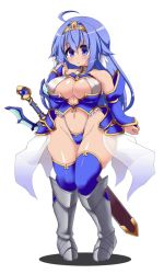 Rule 34 | 1girl, ahoge, animated, animated gif, armor, bare shoulders, bikini armor, blue eyes, blue hair, blush, boots, bouncing breasts, breasts, bridal gauntlets, cleavage, curvy, covered erect nipples, highleg, highleg panties, large breasts, long hair, looking at viewer, matching hair/eyes, navel, princess knight, rakuma kanori, solo, standing, sword, thick thighs, thighs, tiara, weapon, wide hips