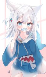 Rule 34 | 1girl, absurdres, animal costume, animal ears, animal hood, blue eyes, blue hoodie, cat ears, collarbone, fins, fish, fish in mouth, fish tail, gawr gura, gawr gura (1st costume), hair ornament, highres, hololive, hololive english, holomyth, hood, hoodie, looking at viewer, multicolored hair, noah (75304759), pink background, shark costume, shark girl, shark hair ornament, shark hood, shark print, shark tail, solo, streaked hair, tail, virtual youtuber, x x