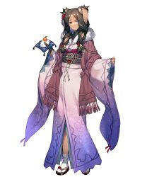 Rule 34 | 1girl, animal ears, braid, brown hair, chyko7080, closed mouth, dark-skinned female, dark skin, facial mark, fingernails, fire emblem, fire emblem awakening, fire emblem heroes, floral print, flower, full body, gradient clothes, highres, holding, japanese clothes, kimono, long hair, long sleeves, looking at viewer, nintendo, non-web source, obi, official art, panne (fire emblem), panne (new year) (fire emblem), parted bangs, rabbit ears, red eyes, sandals, sash, sleeves past wrists, smile, solo, standing, tabi, transparent background, turtleneck, twin braids, twintails, wide sleeves, zouri