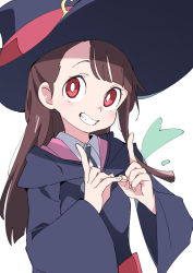 Rule 34 | 1girl, blunt bangs, blunt ends, bright pupils, brown hair, floating hair, from side, grin, hands up, hat, hat belt, hood, hood down, index finger raised, ixy, kagari atsuko, little witch academia, long hair, long sleeves, looking at viewer, looking to the side, luna nova school uniform, parted bangs, red eyes, school uniform, simple background, smile, solo, upper body, white background, white pupils, wide sleeves, wing collar, witch hat