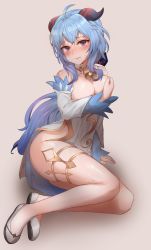 Rule 34 | 1girl, 3:, absurdres, ahoge, arm support, bare legs, blue hair, blush, breasts, cleavage, closed mouth, covering privates, covering breasts, cowbell, detached collar, detached sleeves, dress, embarrassed, full body, ganyu (genshin impact), genshin impact, grey background, highres, horns, leaning to the side, long hair, long sleeves, looking at viewer, medium breasts, no legwear, nose blush, pelvic curtain, pharamacom, purple eyes, reclining, simple background, solo, strapless, strapless dress, tears, thighlet, very long hair, white dress, white footwear