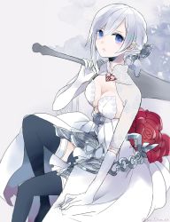 Rule 34 | 1girl, armor, armored dress, bad id, bad pixiv id, blue eyes, breasts, chain, china33v, cleavage, elbow gloves, flower, full body, gloves, hair ornament, highres, holding, holding sword, holding weapon, looking at viewer, medium breasts, pale skin, rose, silver hair, simple background, sinoalice, sitting, snow white (sinoalice), solo, sword, thighhighs, weapon