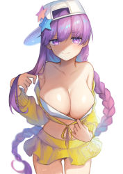 Rule 34 | 1girl, absurdres, asymmetrical hair, bare shoulders, baseball cap, bb (fate), bb (fate) (all), bb (swimsuit mooncancer) (fate), bb (swimsuit mooncancer) (first ascension) (fate), bikini, bikini pull, bikini top only, blush, braid, breasts, cleavage, cleavage reach, closed mouth, clothes pull, collarbone, cropped jacket, fate/grand order, fate (series), hat, hat ornament, highres, jacket, large breasts, long hair, long sleeves, looking at viewer, matching hair/eyes, navel, off shoulder, purple eyes, purple hair, simple background, single braid, skirt, smile, solo, star (symbol), star hat ornament, swept bangs, swimsuit, thighs, usuke (u skeeep), very long hair, white background, white bikini, white hat, yellow jacket, yellow skirt