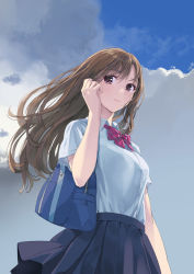 Rule 34 | 1girl, arm at side, bag, blue skirt, bow, bowtie, brown eyes, brown hair, buttons, closed mouth, cloud, collared shirt, day, hand up, long hair, original, outdoors, pleated skirt, purple bow, purple bowtie, school uniform, shirt, shirt tucked in, short sleeves, skirt, solo, standing, striped bow, striped bowtie, striped clothes, striped neckwear, uniform, white shirt, wind, yahako