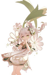 Rule 34 | 1girl, absurdres, bare shoulders, bracelet, chinese commentary, commentary request, cowboy shot, cross-shaped pupils, detached sleeves, dress, floating cape, floating hair, flower, genshin impact, gold trim, gradient hair, green eyes, green hair, green sleeves, hair between eyes, hair ornament, hands up, highres, jewelry, leaf hair ornament, looking at viewer, multicolored hair, nahida (genshin impact), own hands clasped, own hands together, pointy ears, simple background, sleeveless, sleeveless dress, solo, symbol-shaped pupils, white background, white dress, white hair, xiaochacha