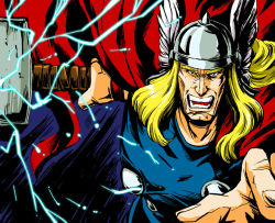 Rule 34 | 1boy, animification, azuki osamitsu, blonde hair, cape, electricity, hammer, helmet, long hair, male focus, manly, marvel, mjolnir (marvel), open mouth, solo, thor (marvel), weapon