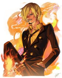 Rule 34 | 1boy, blonde hair, cigarette, commentary request, facial hair, fujitachobi, goatee, hair over one eye, highres, looking at viewer, male focus, one piece, sanji (one piece), short hair, smoking, solo
