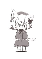 Rule 34 | 1girl, :&lt;, animal ears, beret, cat ears, cat girl, cat tail, chibi, commentary request, dress, ear down, flipped hair, full body, glaring, greyscale, hat, highres, jacket, long sleeves, looking at viewer, mogito, monochrome, open clothes, open jacket, sayo (voicevox), short hair, simple background, sleeves past wrists, slit pupils, solo, standing, tail, v-shaped eyebrows, v-shaped eyes, voicevox